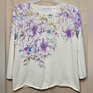 Alfred Dunner Women’s XL White Knit Sweater Purple Floral Sequin 3/4 Sleeve Top